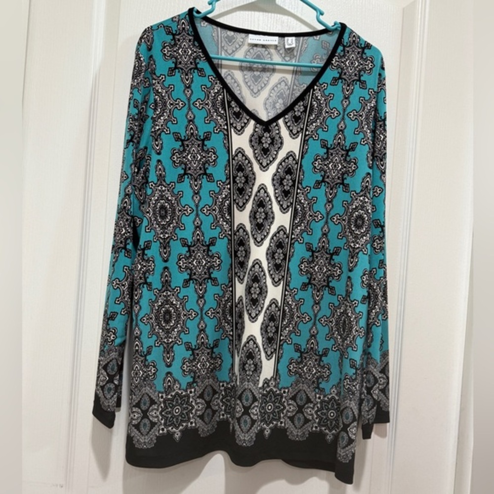 Susan Graver Teal and Black Long Sleeve Top NWOT
